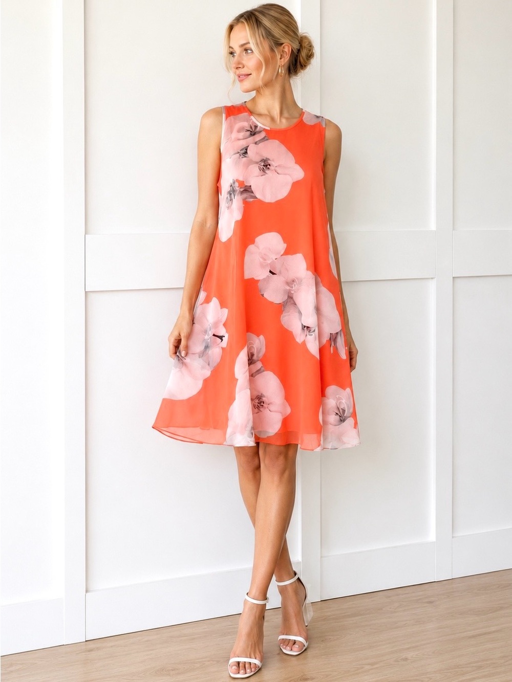 Calvin Klein Floral Chiffon Trapeze Dress Sleeveless Knee Length Crewneck